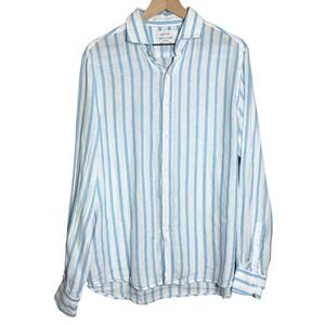 Porter & Ash Mens Linen Shirt‎ L White Blue Striped Button Up Coastal Resort